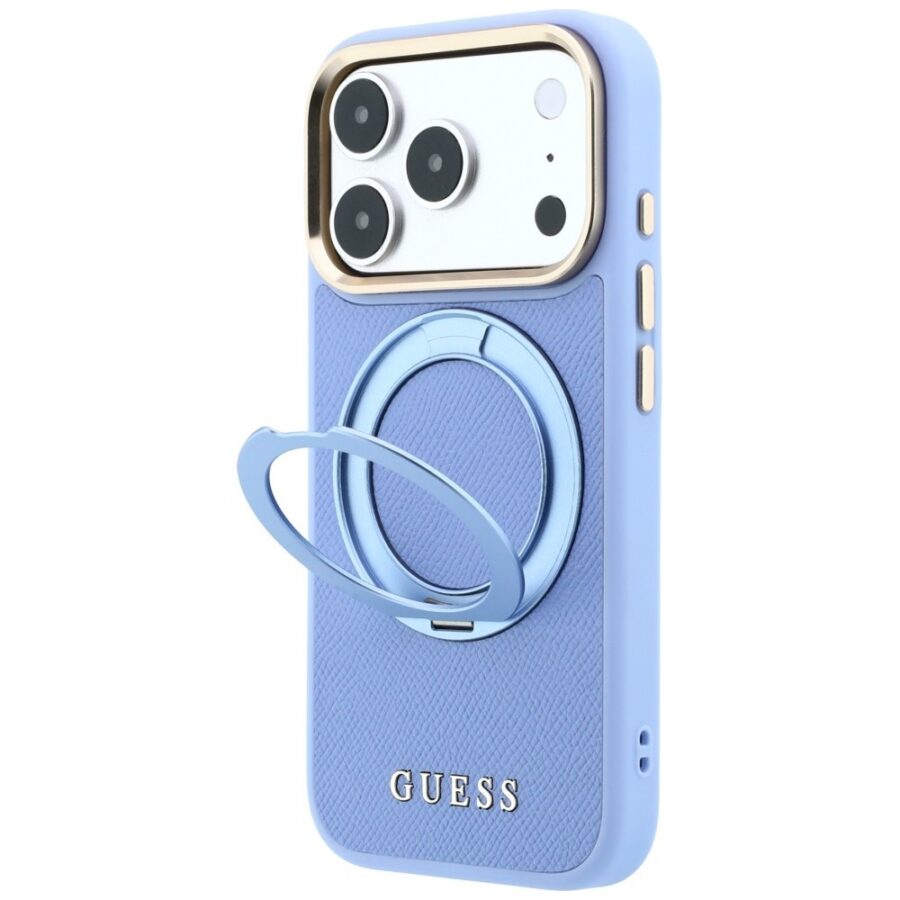 Etui Guess Ring Stand 360 Grained Classic Logo MagSafe do iPhone 18 Pro / 17 Pro jasnoniebieski