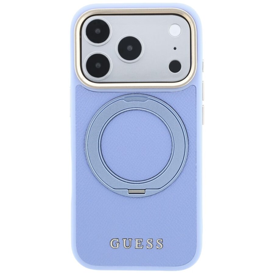 Etui Guess Ring Stand 360 Grained Classic Logo MagSafe do iPhone 18 Pro / 17 Pro jasnoniebieski