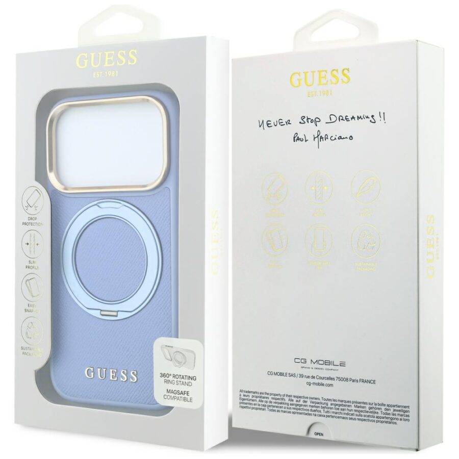 Etui Guess Ring Stand 360 Grained Classic Logo MagSafe do iPhone 18 Pro Max / 17 Pro Max jasnoniebieski