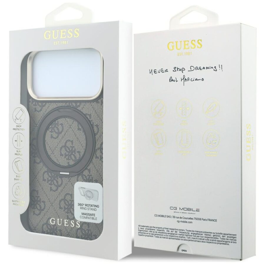 Etui Guess Ring Stand 360 4G Classic Logo MagSafe do iPhone 18 Pro Max / 17 Pro Max brązowy