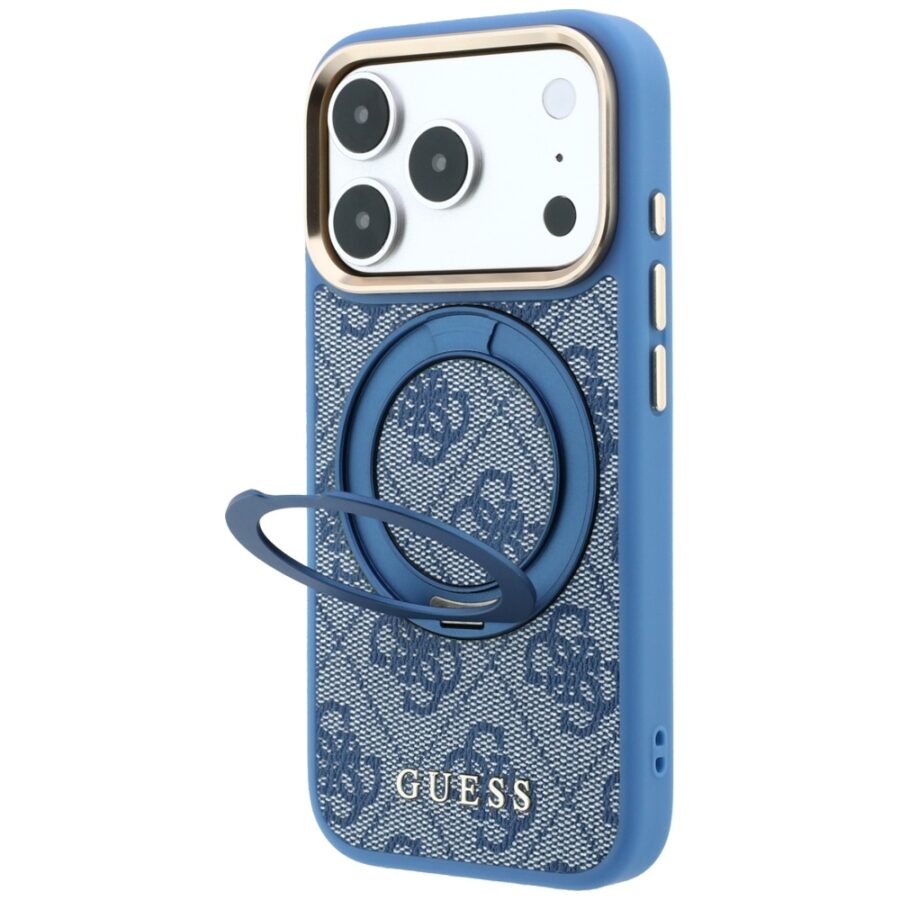 Etui Guess Ring Stand 360 4G Classic Logo MagSafe do iPhone 18 Pro / 17 Pro niebieski