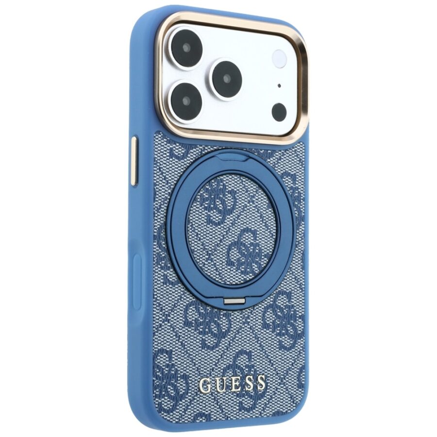 Etui Guess Ring Stand 360 4G Classic Logo MagSafe do iPhone 18 Pro Max / 17 Pro Max niebieski