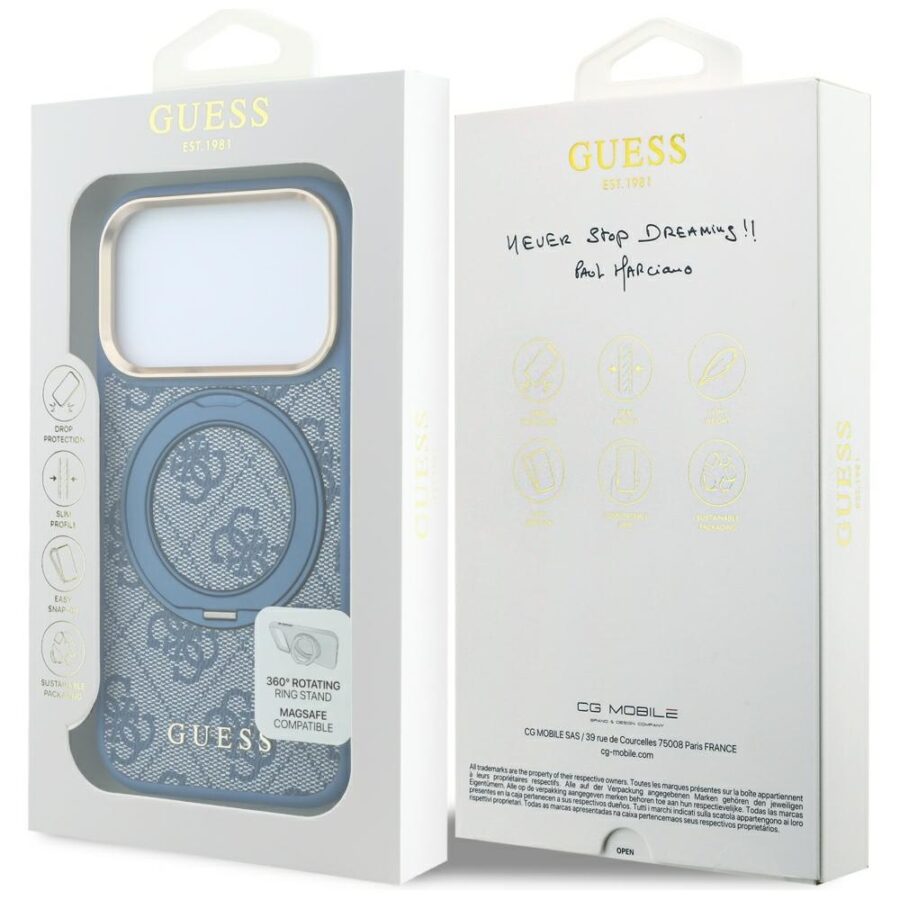 Etui Guess Ring Stand 360 4G Classic Logo MagSafe do iPhone 18 Pro Max / 17 Pro Max niebieski