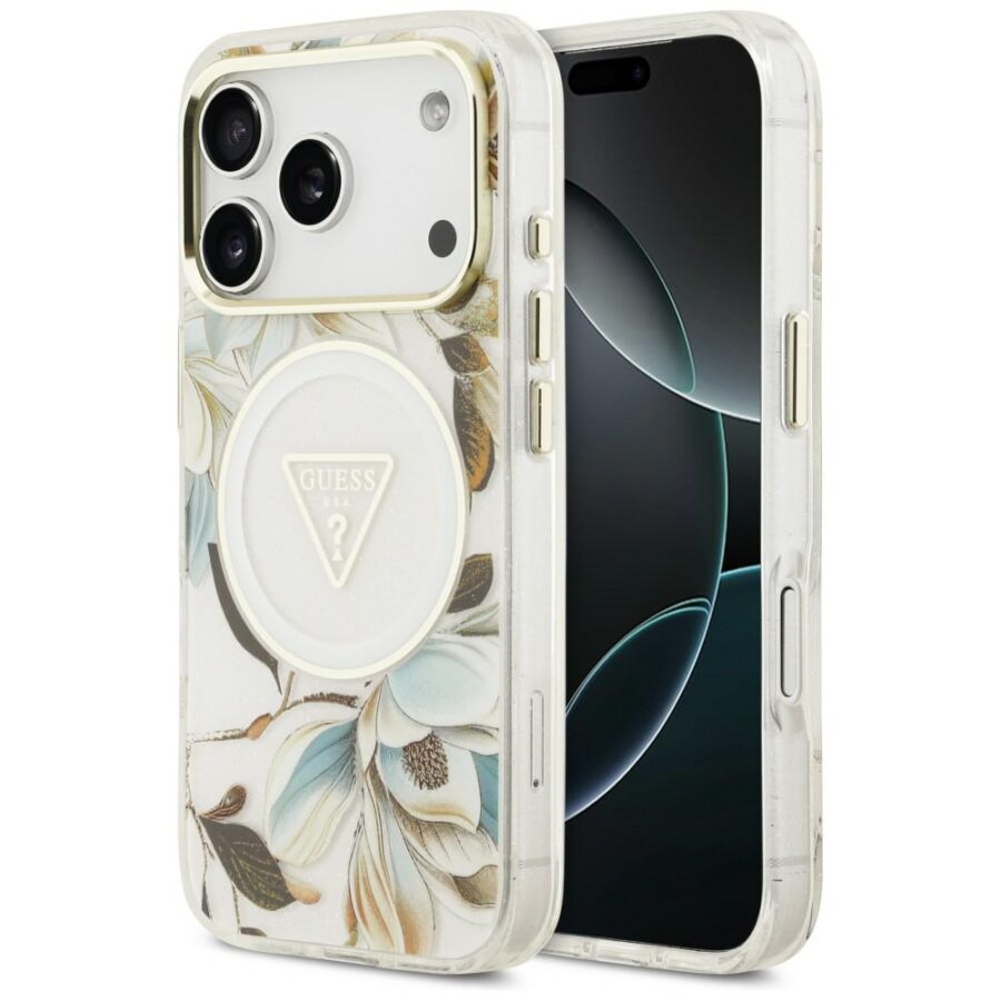 Etui Guess IML Glitter Flowers Triangle MagSafe do iPhone 18 Pro Max / 17 Pro Max biały
