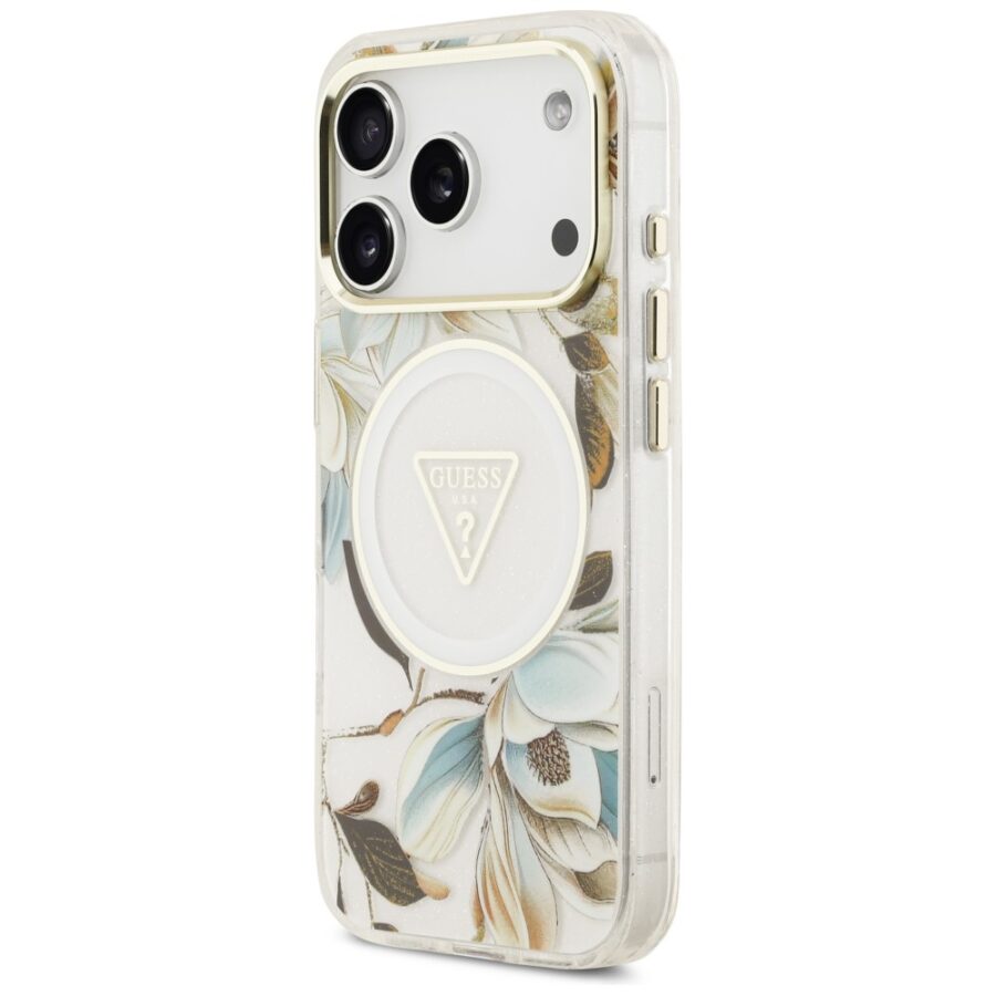 Etui Guess IML Glitter Flowers Triangle MagSafe do iPhone 18 Pro Max / 17 Pro Max biały