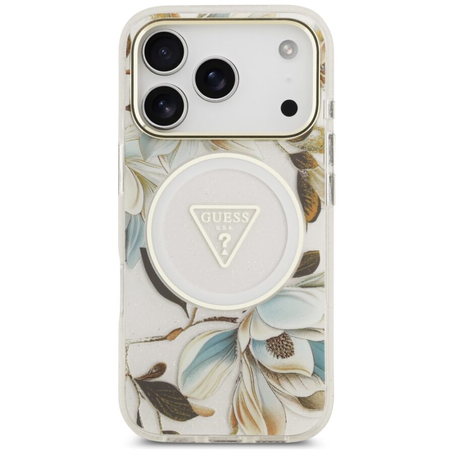 Etui Guess IML Glitter Flowers Triangle MagSafe do iPhone 18 Pro Max / 17 Pro Max biały
