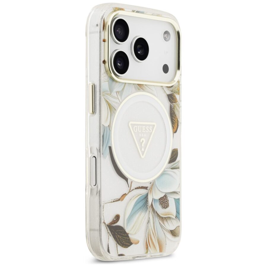 Etui Guess IML Glitter Flowers Triangle MagSafe do iPhone 18 Pro Max / 17 Pro Max biały