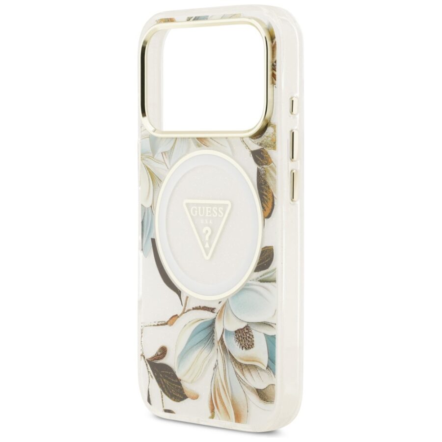 Etui Guess IML Glitter Flowers Triangle MagSafe do iPhone 18 Pro Max / 17 Pro Max biały