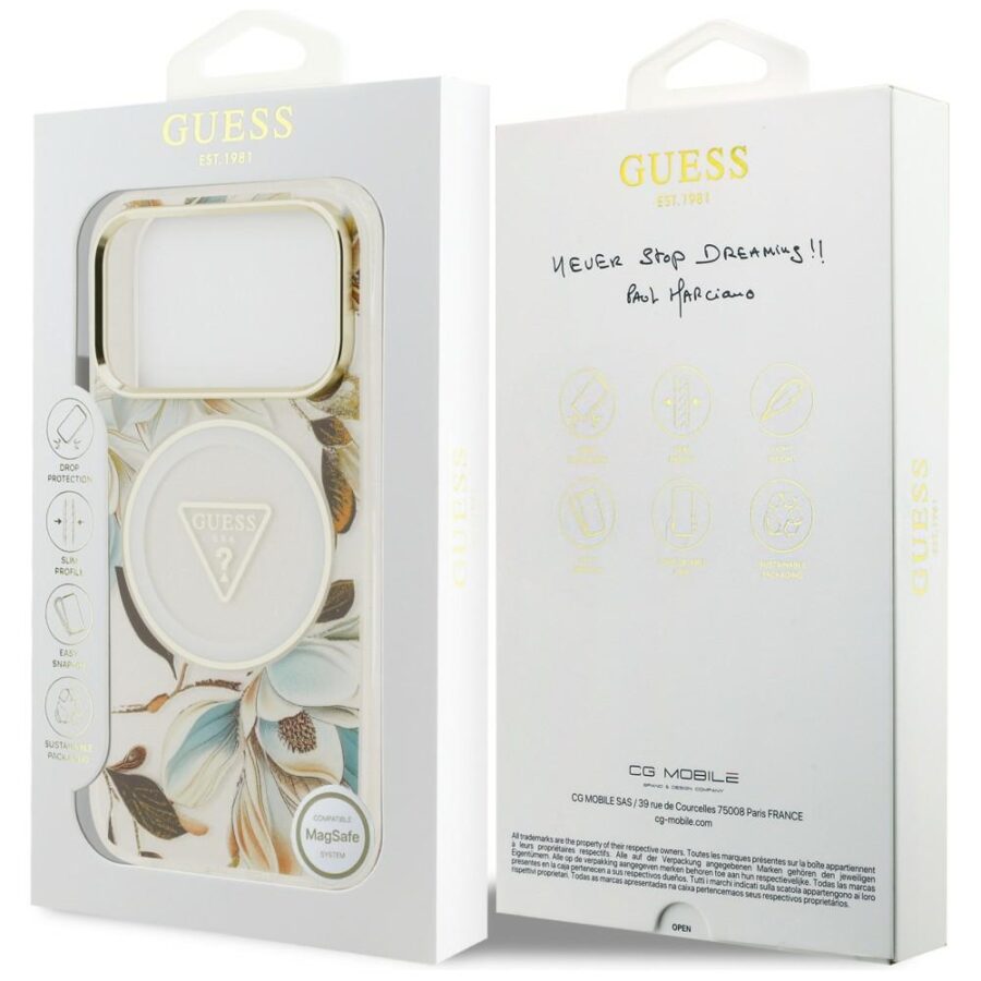 Etui Guess IML Glitter Flowers Triangle MagSafe do iPhone 18 Pro Max / 17 Pro Max biały