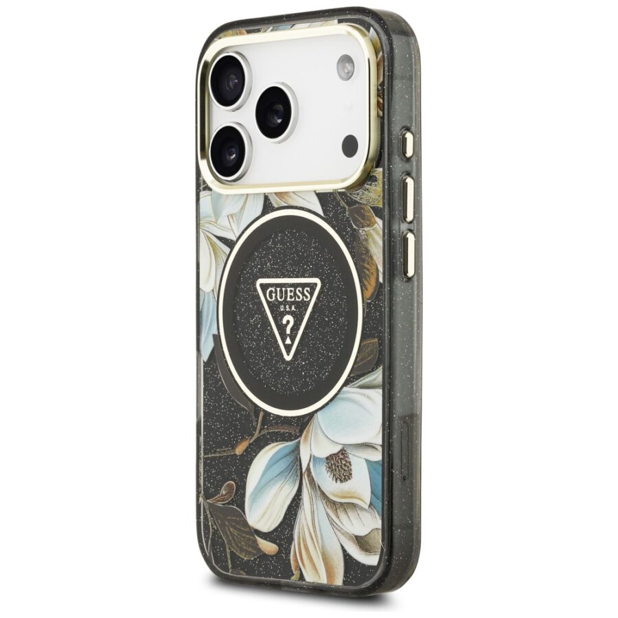 Etui Guess IML Glitter Flowers Triangle MagSafe do iPhone 18 Pro Max / 17 Pro Max czarny