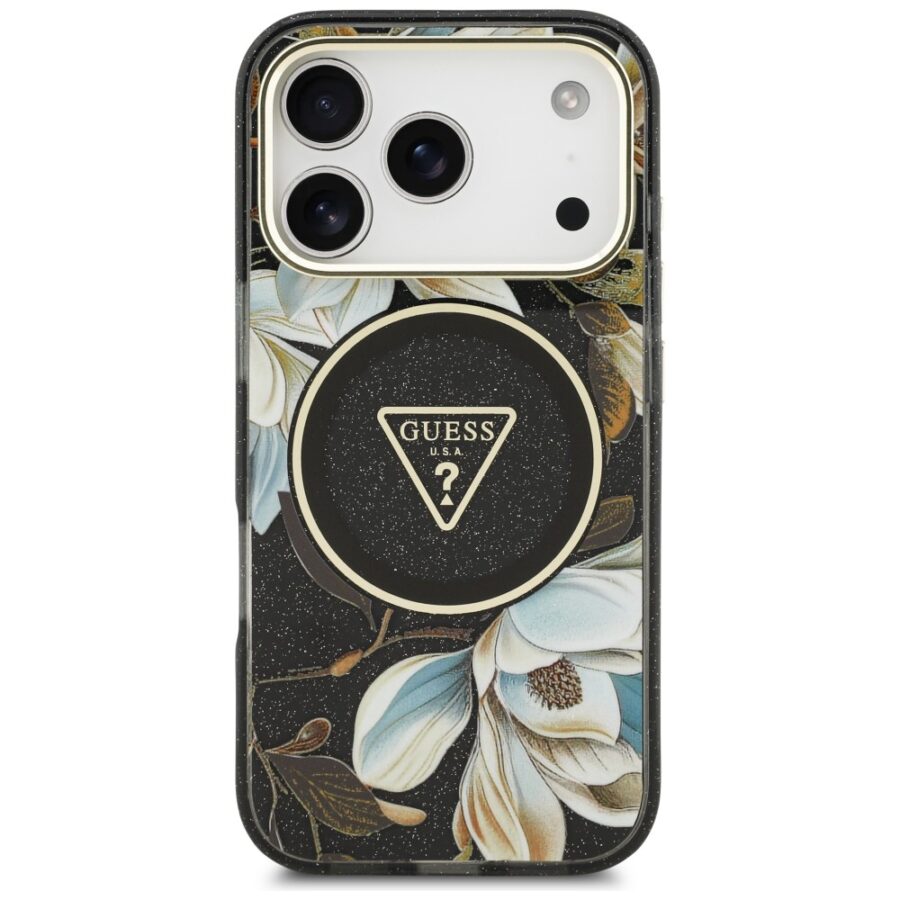 Etui Guess IML Glitter Flowers Triangle MagSafe do iPhone 18 Pro Max / 17 Pro Max czarny