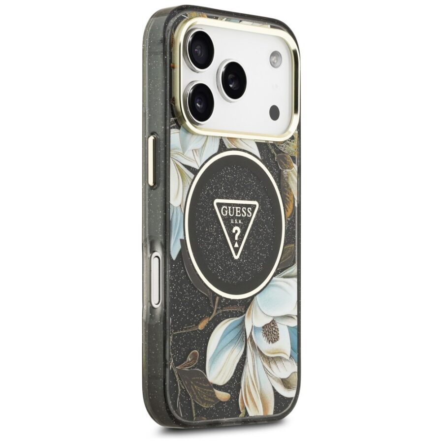 Etui Guess IML Glitter Flowers Triangle MagSafe do iPhone 18 Pro Max / 17 Pro Max czarny