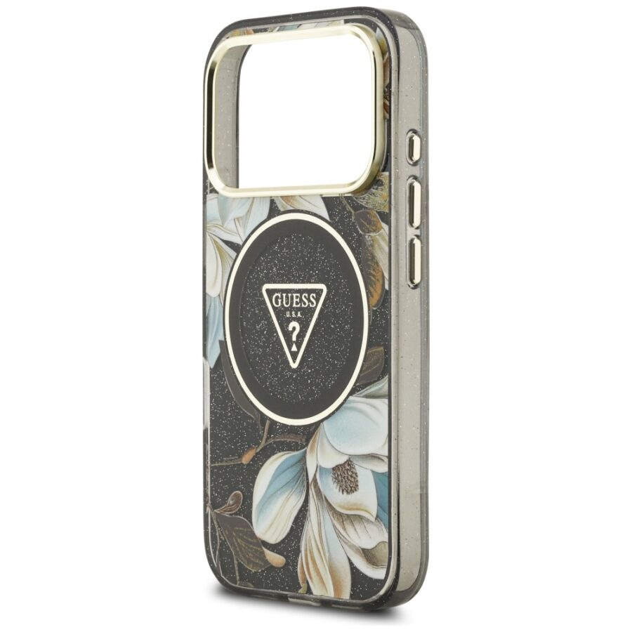 Etui Guess IML Glitter Flowers Triangle MagSafe do iPhone 18 Pro Max / 17 Pro Max czarny