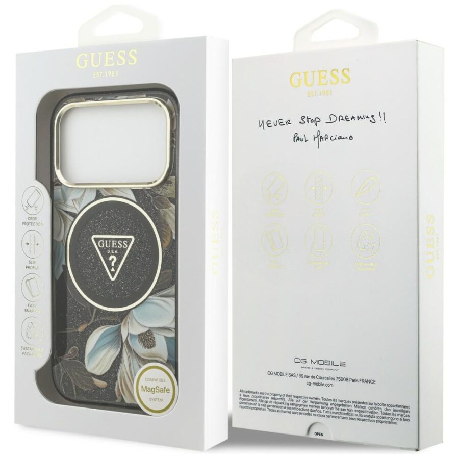 Etui Guess IML Glitter Flowers Triangle MagSafe do iPhone 18 Pro Max / 17 Pro Max czarny