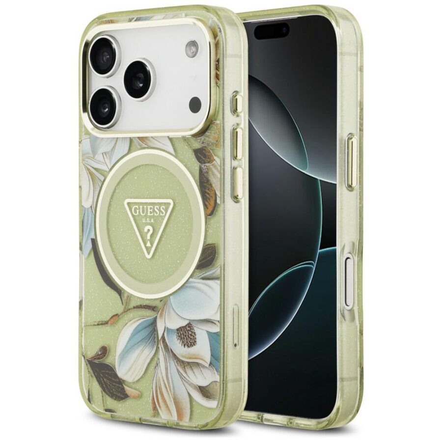 Etui Guess IML Glitter Flowers Triangle MagSafe do iPhone 18 Pro Max / 17 Pro Max zielony
