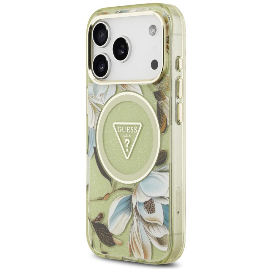 Etui Guess IML Glitter Flowers Triangle MagSafe do iPhone 18 Pro Max / 17 Pro Max zielony