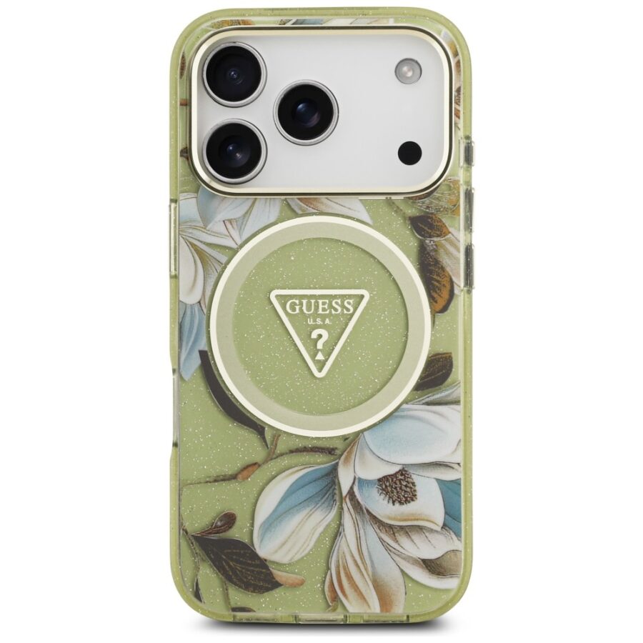 Etui Guess IML Glitter Flowers Triangle MagSafe do iPhone 18 Pro Max / 17 Pro Max zielony