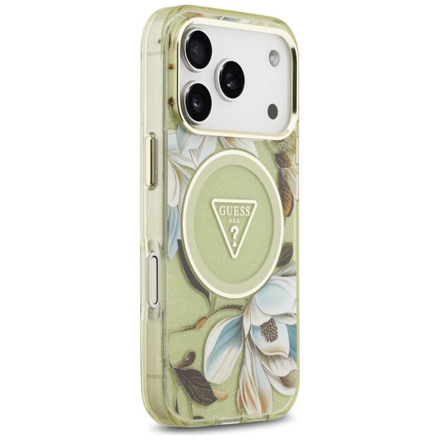 Etui Guess IML Glitter Flowers Triangle MagSafe do iPhone 18 Pro Max / 17 Pro Max zielony