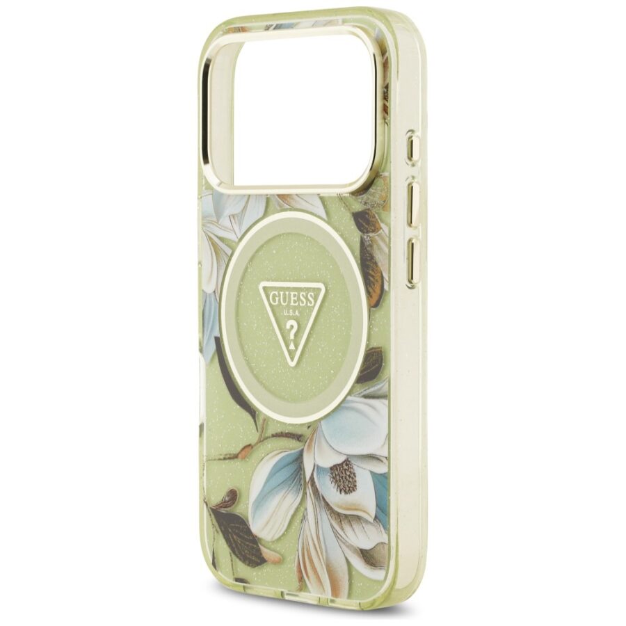 Etui Guess IML Glitter Flowers Triangle MagSafe do iPhone 18 Pro Max / 17 Pro Max zielony