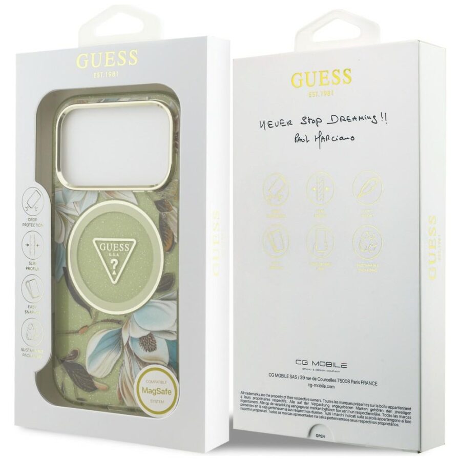 Etui Guess IML Glitter Flowers Triangle MagSafe do iPhone 18 Pro Max / 17 Pro Max zielony
