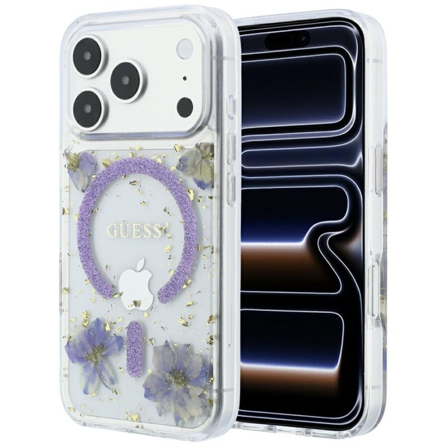 Etui Guess Resin Flowers Glitter MagSafe do iPhone 18 Pro / 17 Pro fioletowy