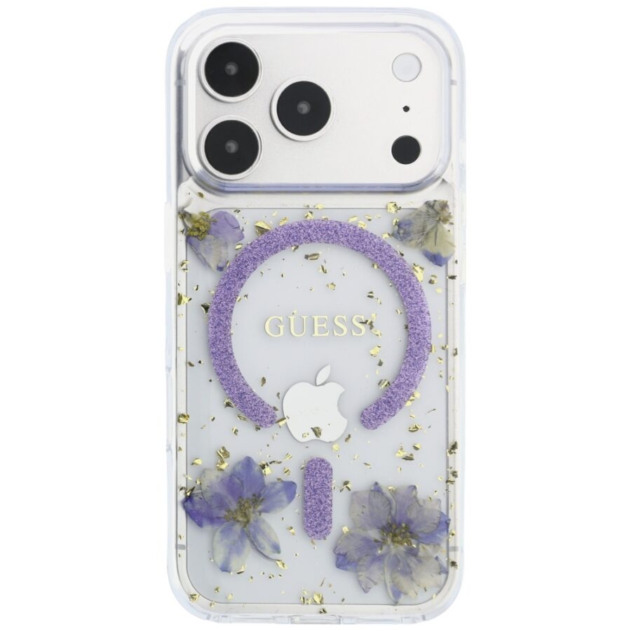 Etui Guess Resin Flowers Glitter MagSafe do iPhone 18 Pro / 17 Pro fioletowy