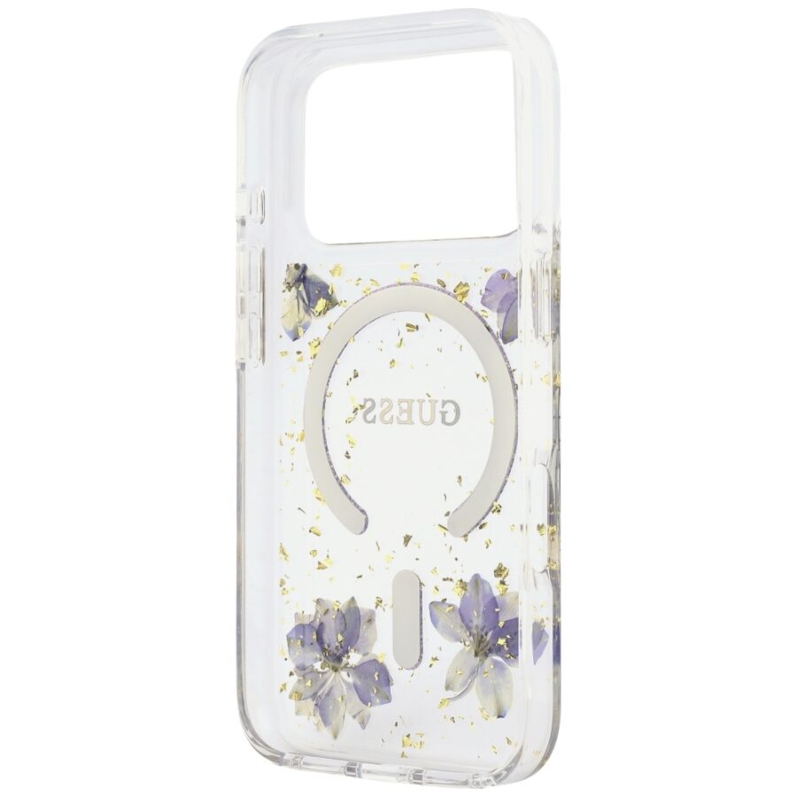 Etui Guess Resin Flowers Glitter MagSafe do iPhone 18 Pro / 17 Pro fioletowy
