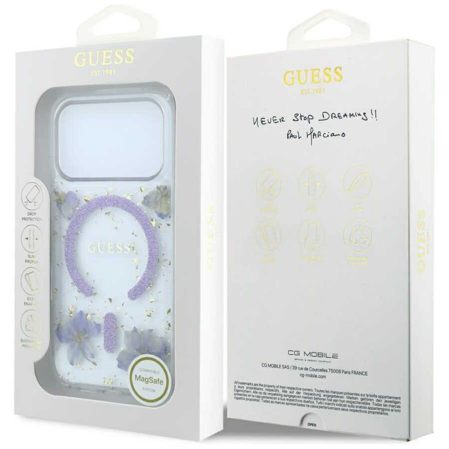 Etui Guess Resin Flowers Glitter MagSafe do iPhone 18 Pro / 17 Pro fioletowy