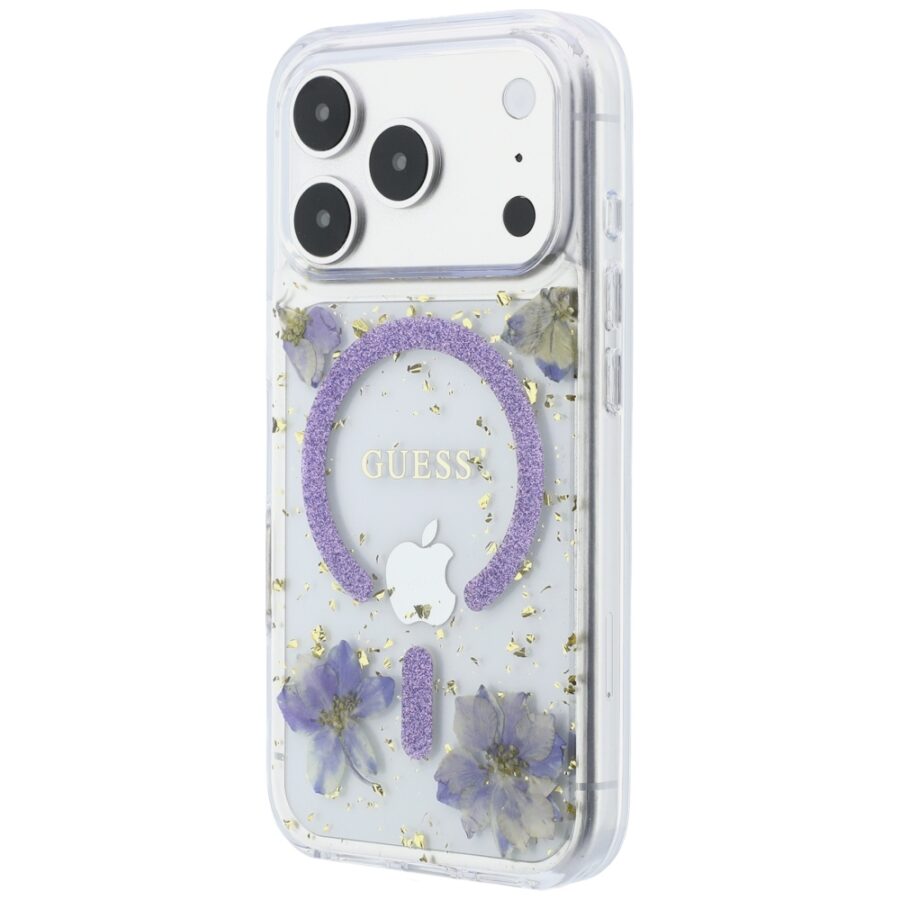 Etui Guess Resin Flowers Glitter MagSafe do iPhone 18 Pro Max / 17 Pro Max fioletowy