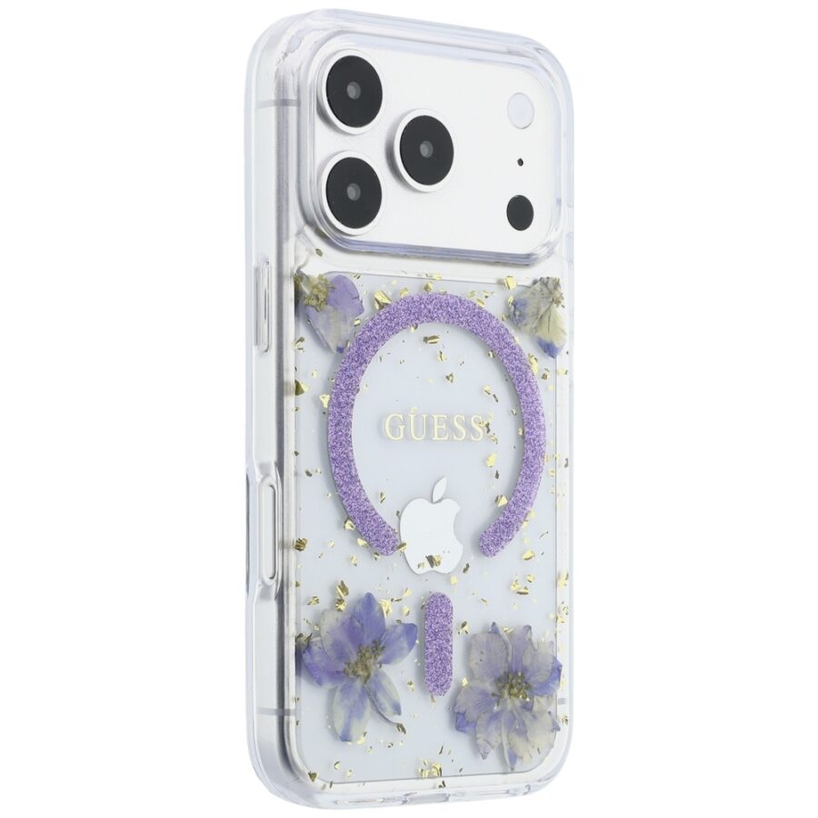 Etui Guess Resin Flowers Glitter MagSafe do iPhone 18 Pro Max / 17 Pro Max fioletowy