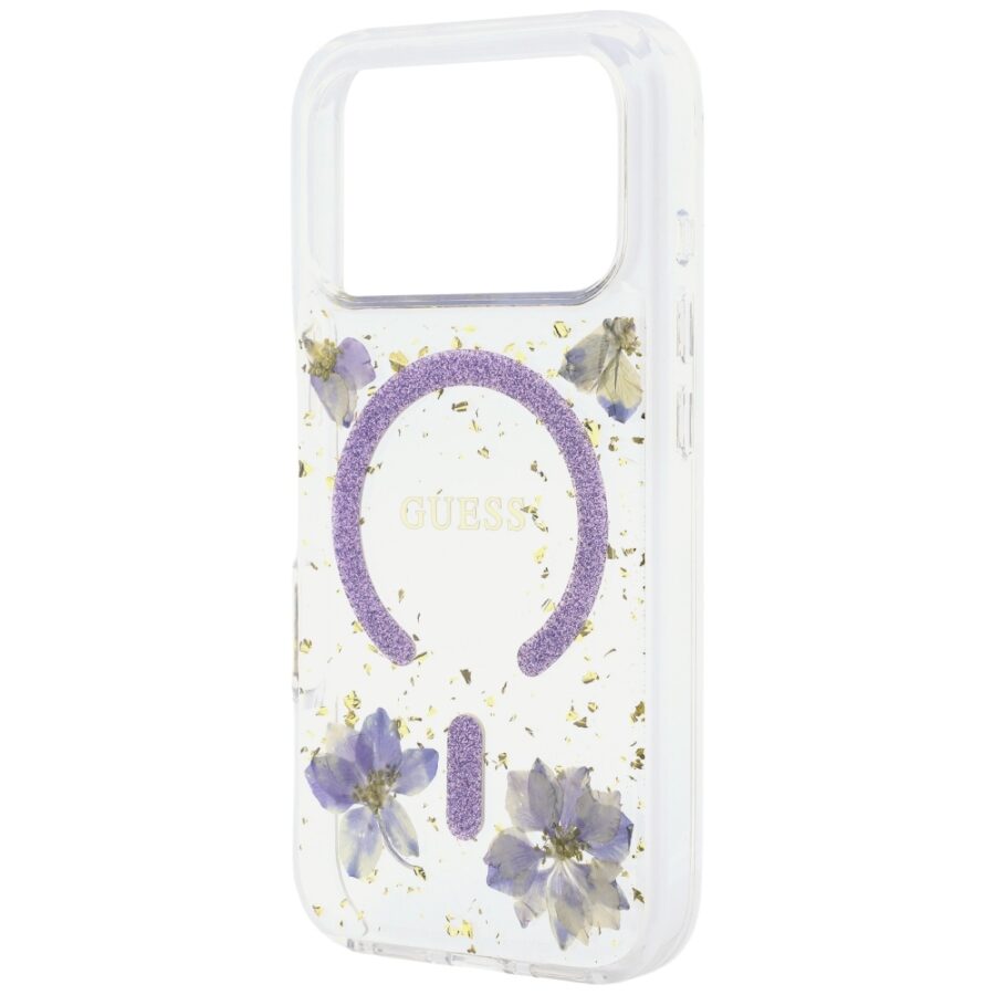 Etui Guess Resin Flowers Glitter MagSafe do iPhone 18 Pro Max / 17 Pro Max fioletowy