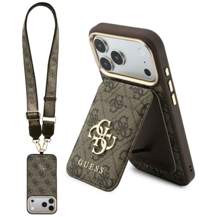 Etui Guess 4G z portfelem i smyczą Magsafe do iPhone 18 Pro Max / 17 Pro Max brązowy