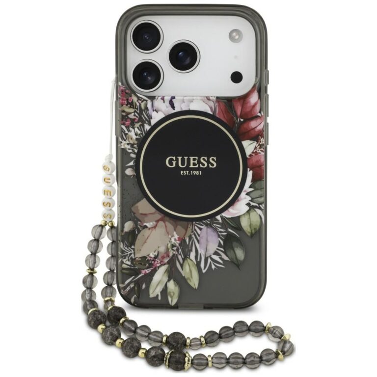 Etui Guess IML Flowers Pearl Strap MagSafe do iPhone 18 Pro / 17 Pro czarny