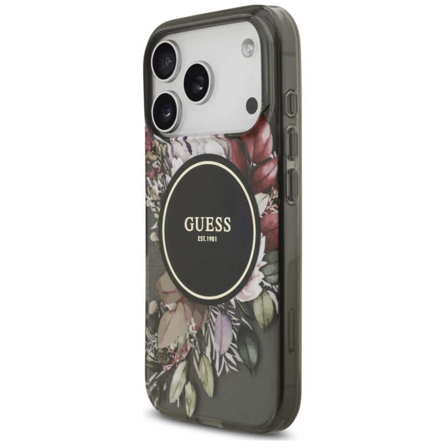 Etui Guess IML Flowers Pearl Strap MagSafe do iPhone 18 Pro / 17 Pro czarny