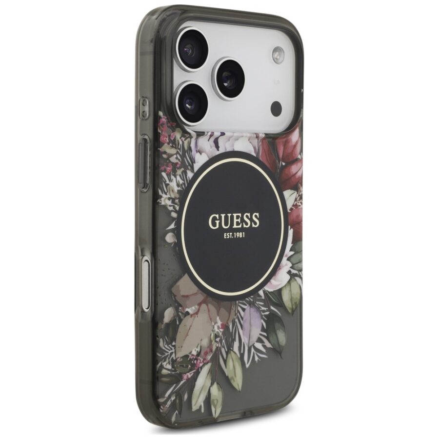 Etui Guess IML Flowers Pearl Strap MagSafe do iPhone 18 Pro / 17 Pro czarny