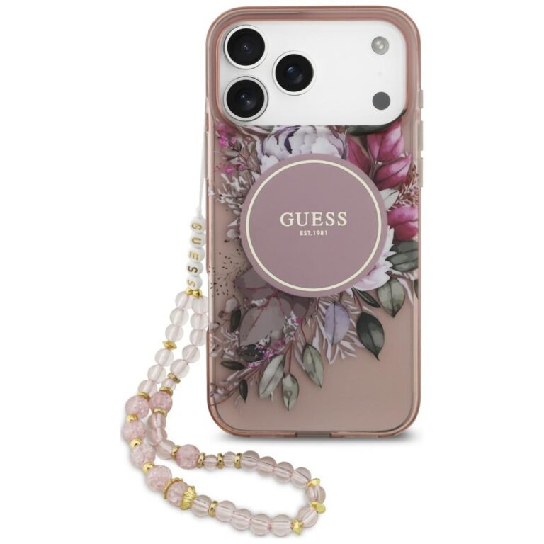 Etui Guess IML Flowers Pearl Strap MagSafe do iPhone 18 Pro / 17 Pro różowy
