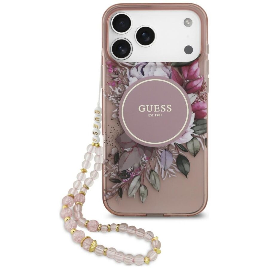 Etui Guess IML Flowers Pearl Strap MagSafe do iPhone 18 Pro / 17 Pro różowy