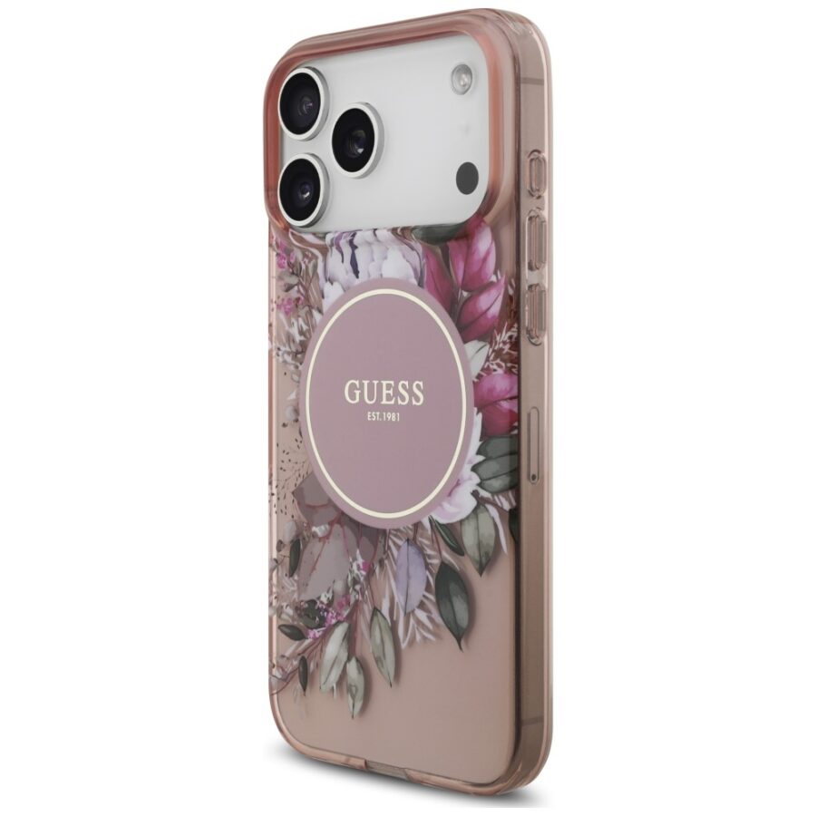 Etui Guess IML Flowers Pearl Strap MagSafe do iPhone 18 Pro / 17 Pro różowy