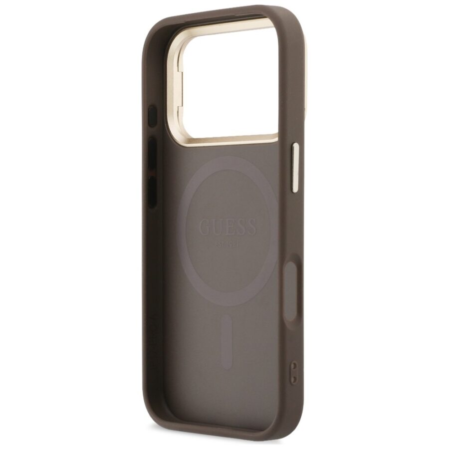 Etui Guess 4G PU Triangle Logo & Stand Camera Magsafe do iPhone 18 Pro / 17 Pro brązowy
