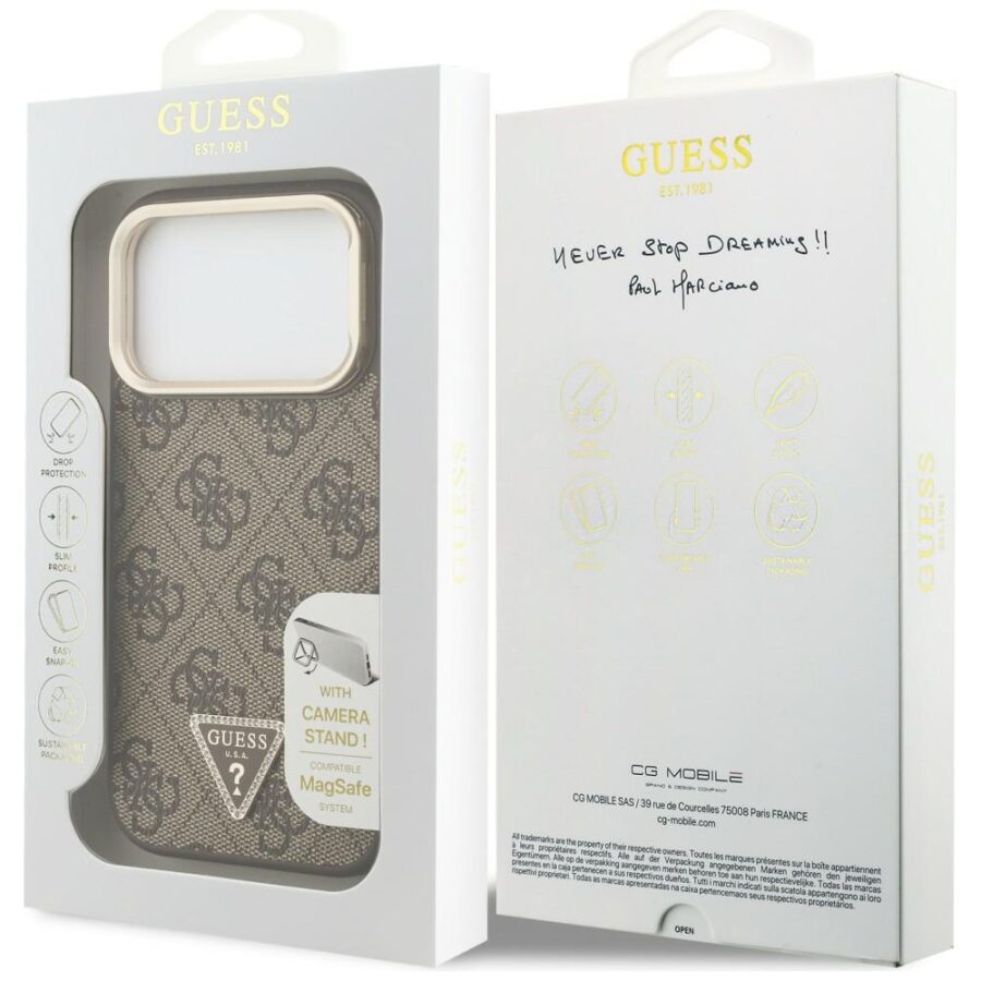 Etui Guess 4G PU Triangle Logo & Stand Camera Magsafe do iPhone 18 Pro / 17 Pro brązowy