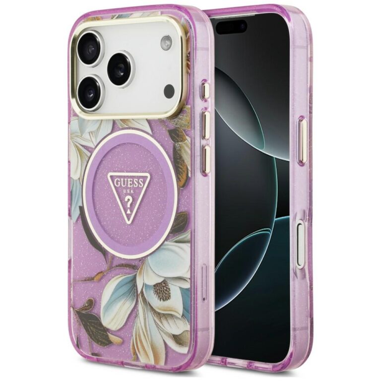 Etui Guess IML Glitter Flowers Triangle MagSafe do iPhone 18 Pro Max / 17 Pro Max fioletowy