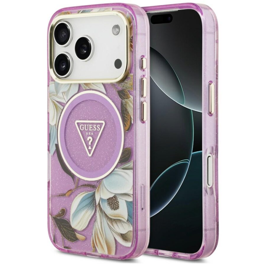Etui Guess IML Glitter Flowers Triangle MagSafe do iPhone 18 Pro Max / 17 Pro Max fioletowy