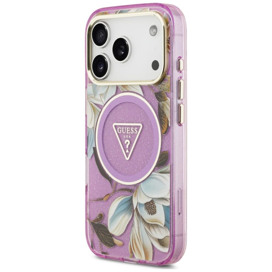Etui Guess IML Glitter Flowers Triangle MagSafe do iPhone 18 Pro Max / 17 Pro Max fioletowy