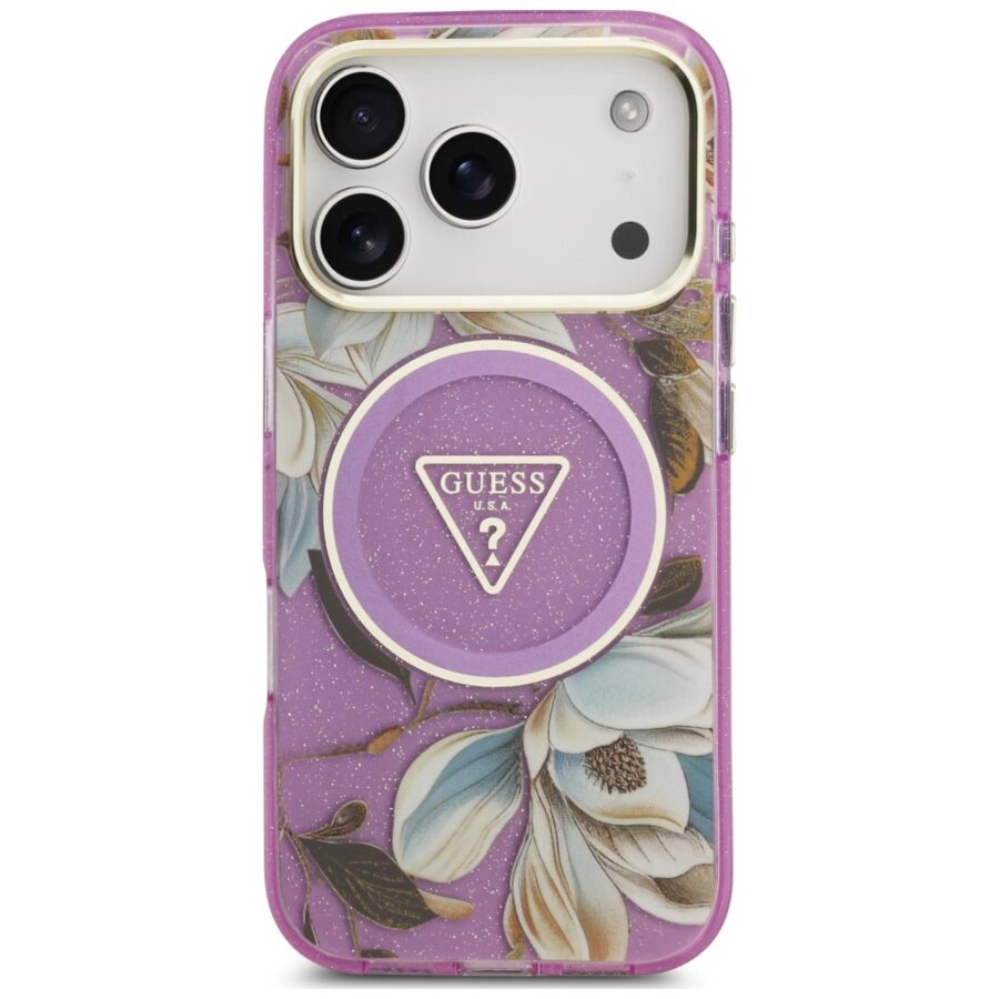 Etui Guess IML Glitter Flowers Triangle MagSafe do iPhone 18 Pro Max / 17 Pro Max fioletowy