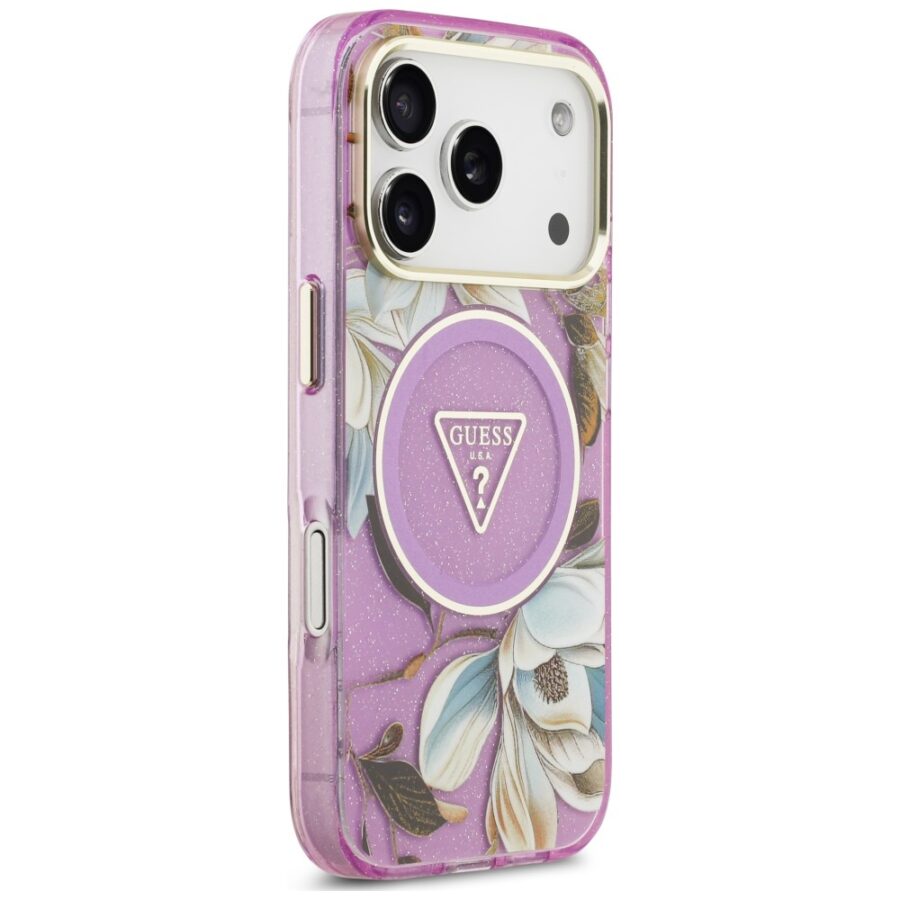 Etui Guess IML Glitter Flowers Triangle MagSafe do iPhone 18 Pro Max / 17 Pro Max fioletowy