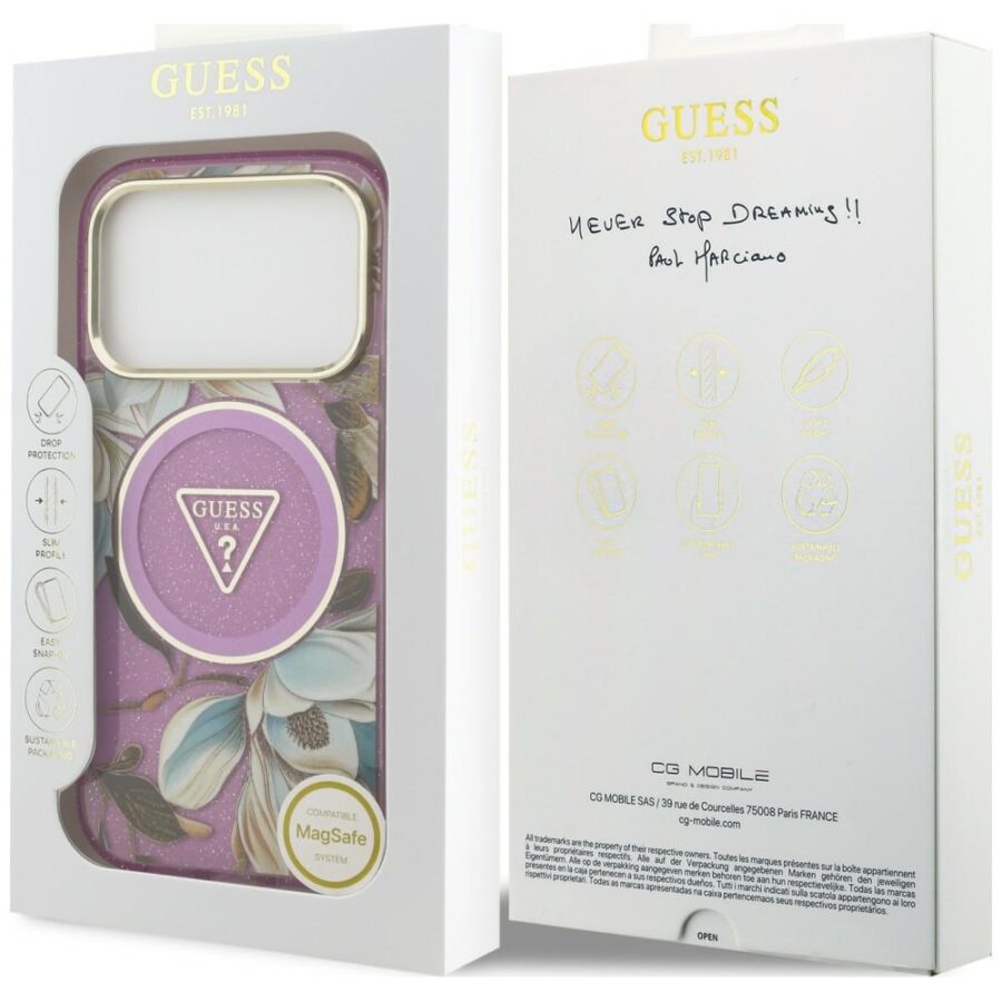 Etui Guess IML Glitter Flowers Triangle MagSafe do iPhone 18 Pro Max / 17 Pro Max fioletowy