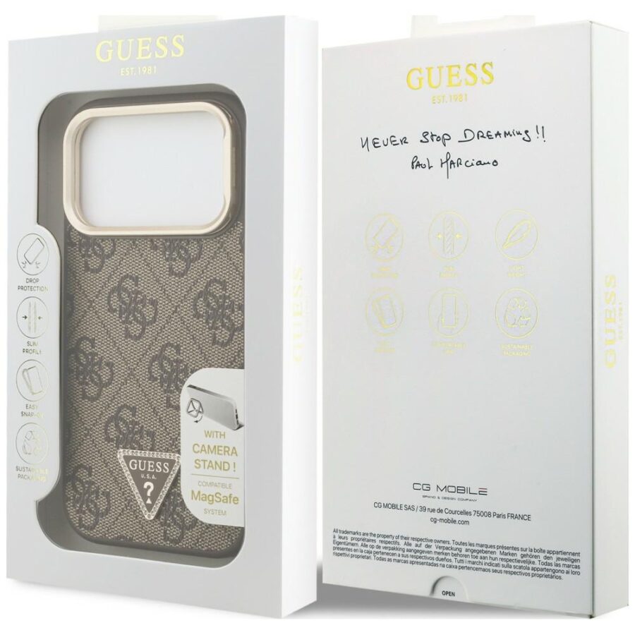 Etui Guess 4G PU Triangle Logo & Stand Camera Magsafe do iPhone 18 Pro Max / 17 Pro Max brązowy