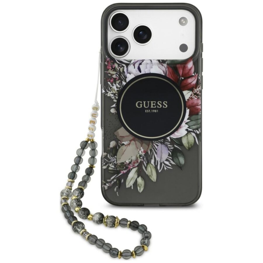 Etui Guess IML Flowers Pearl Strap MagSafe do iPhone 18 Pro Max / 17 Pro Max czarny