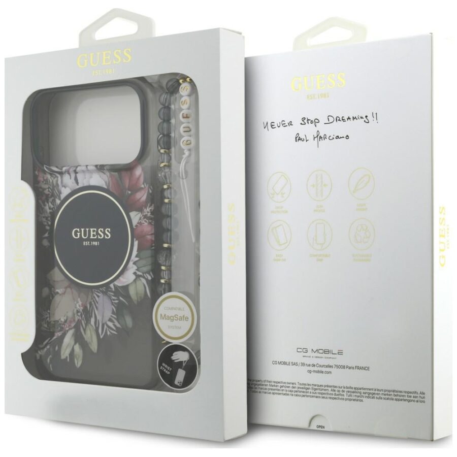 Etui Guess IML Flowers Pearl Strap MagSafe do iPhone 18 Pro Max / 17 Pro Max czarny