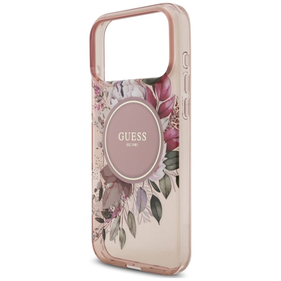 Etui Guess IML Flowers Pearl Strap MagSafe do iPhone 18 Pro Max / 17 Pro Max różowy